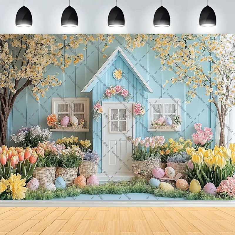 

Easter Party Decoration Spring Garden Children's Photography Props Rabbit Colorful Eggs Newborn Portrait Shoot Background FH-35