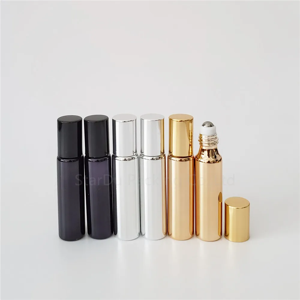 

50pcs/lot 10ml gold/silvery Roll On Perfume bottle, 10cc Essential Oil Rollon bottles/ pearly-lustre Glass Roller Container