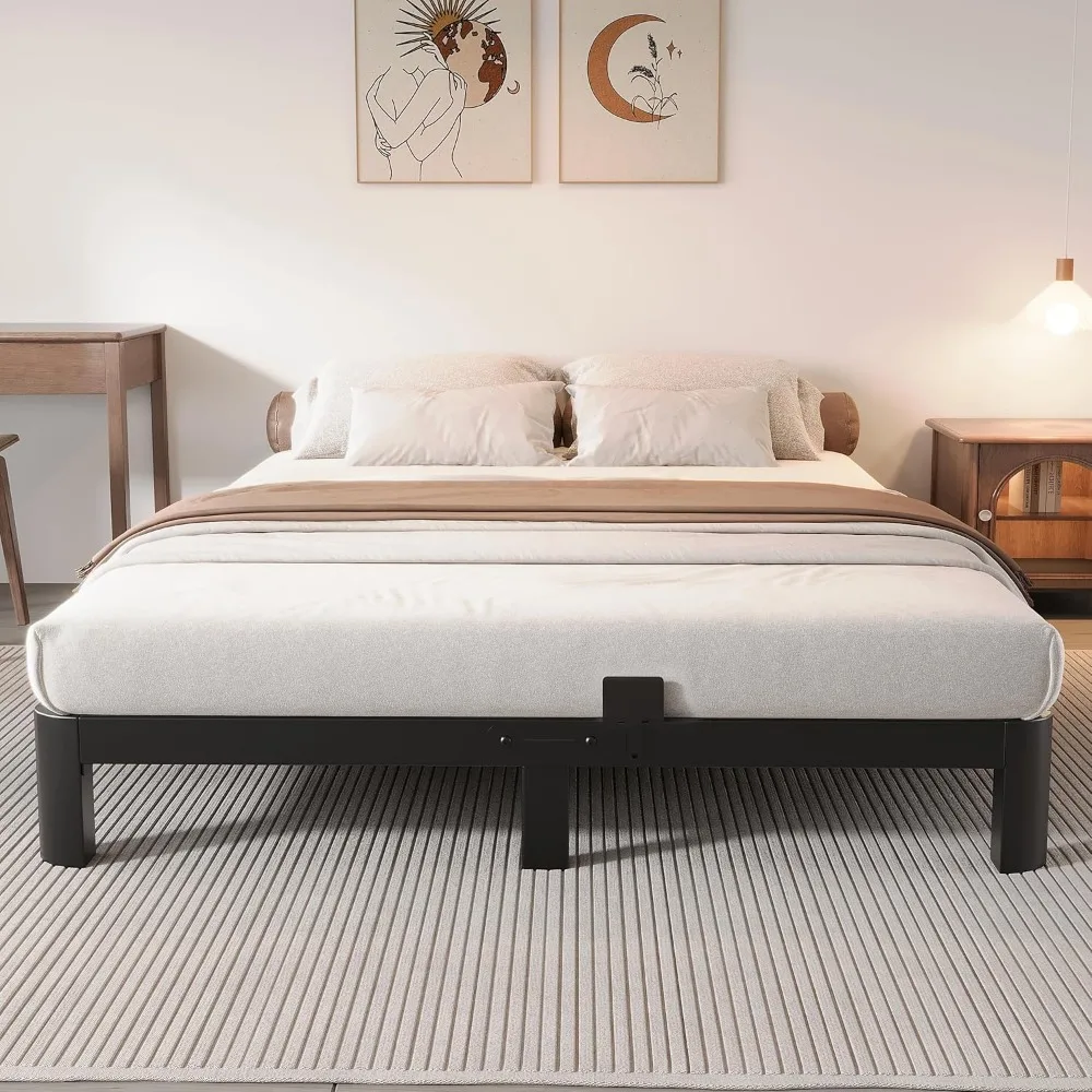 Marco de cama bajada de 4 pulgadas Queen, marco de cama Queen de perfil bajo, No necesita somier con tapones de colchón, cabecero DIY, resistente S