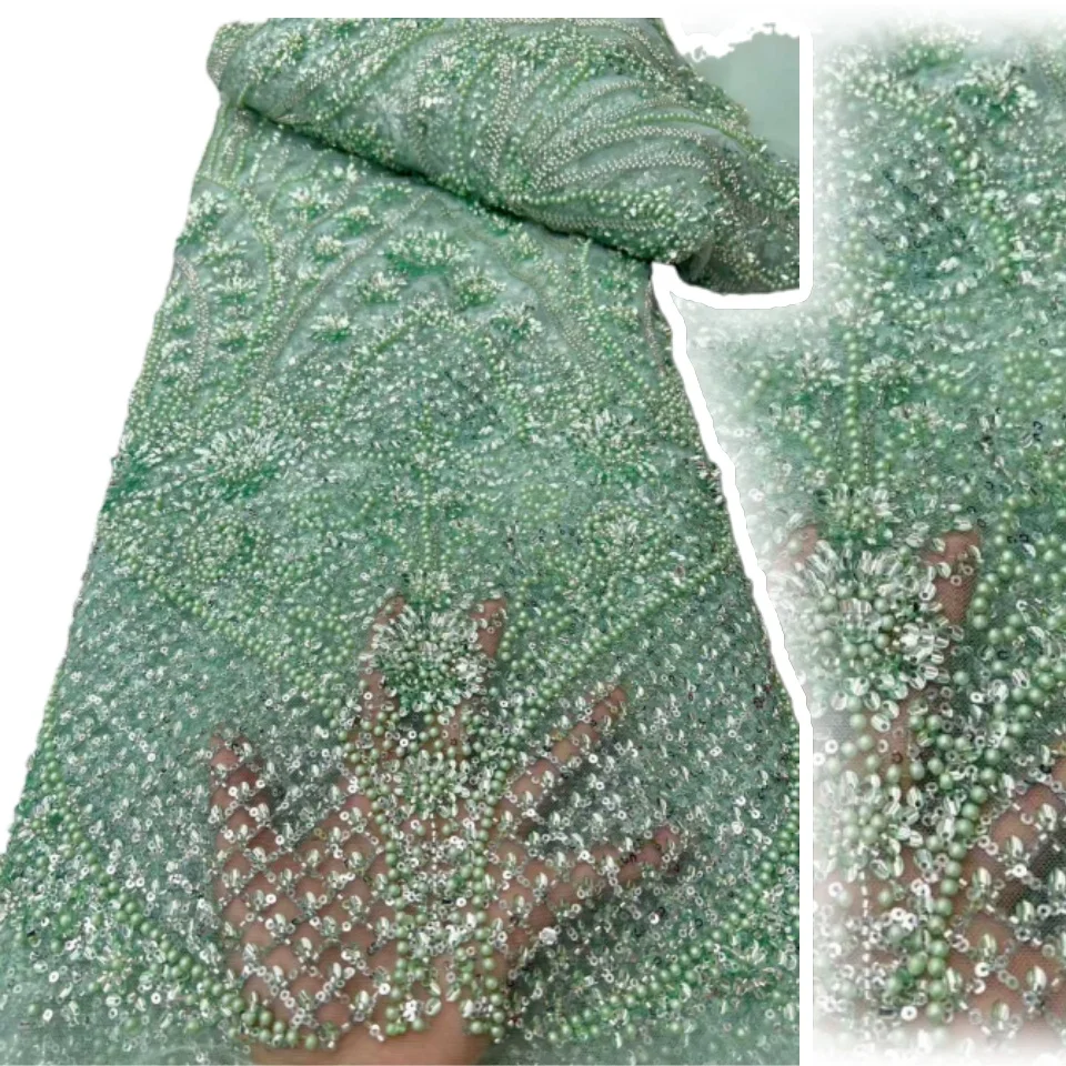 

Роскошная африканская кружевная ткань, белый тюль, кружевная ткань, 2025 5 ярдов, тяжелый тюль с блестками и бисером, кружево для вечерние свадебных платьев Z1697