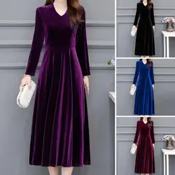 2023 Spring Vintage Women Midi Party Dress Long Sleeve Burgundy Black Velvet Dress 3XL 4XL 5XL 6XL