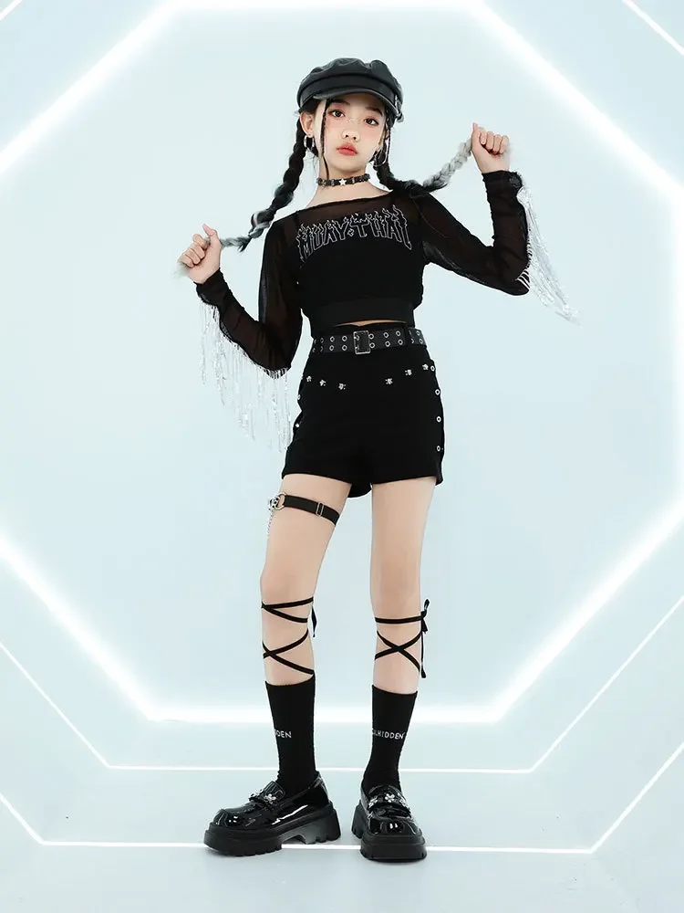 Abbigliamento Hip Hop per ragazze Nappe nere Top Gonna torta streetwear per abiti da ballo per bambini