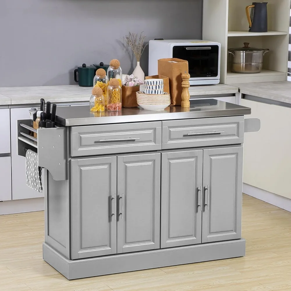 Rolling Kitchen Island Cart, Portable Table With Stainless Steel Top, Adjustable Shelves And Two Drawers