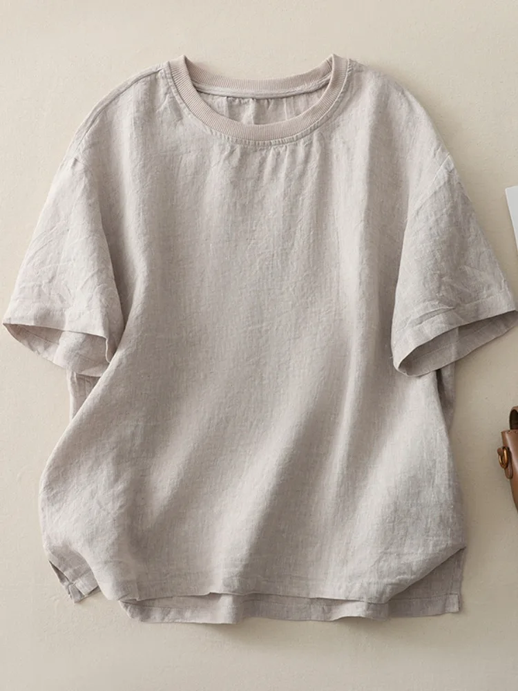 Cseta Retro de lino y aodón con cuello redondo y manga corta para mujer, Top informal de verano de Color sólido con empa...