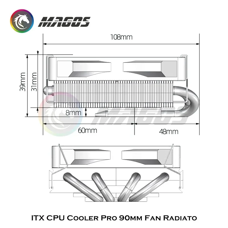 Itx Cpu Cooler Pro 90Mm Ventilator Radiator Wit Slank Low-Profile 39Mm Hoog 4 Heatpipes Luchtkoeling Heatsink 1700 1200 115x 5V Argb