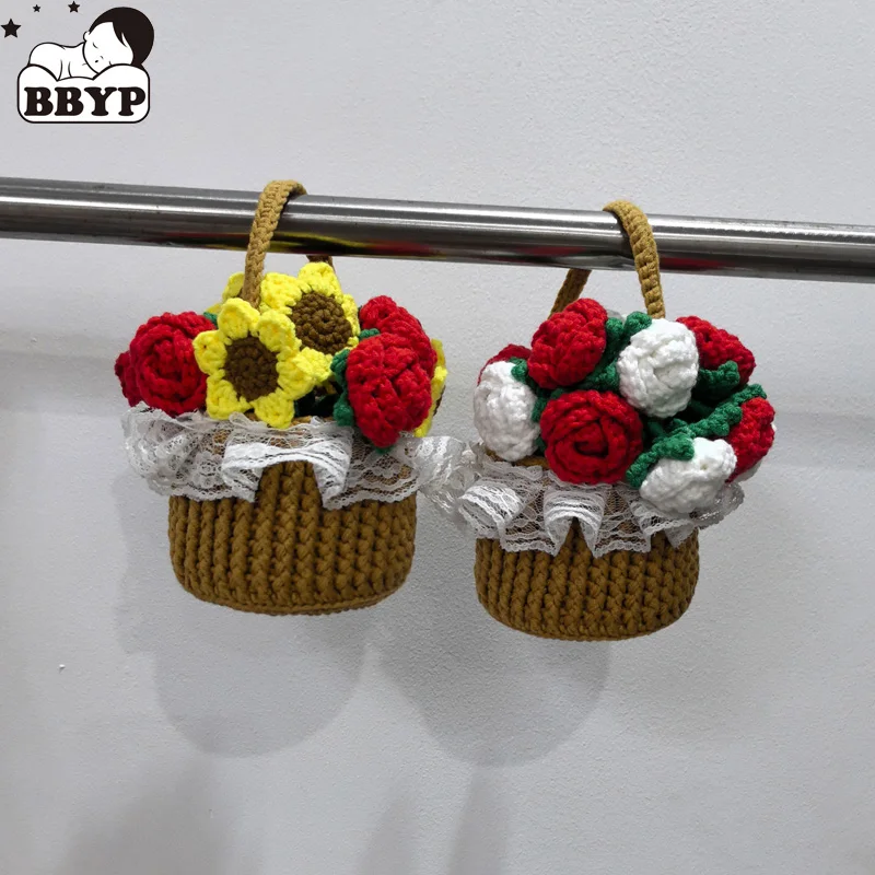 Handmade Knitted Flower Basket Home Decor Bonsai Rose Sunflower Plant Crochet Pendant Birthday Gift