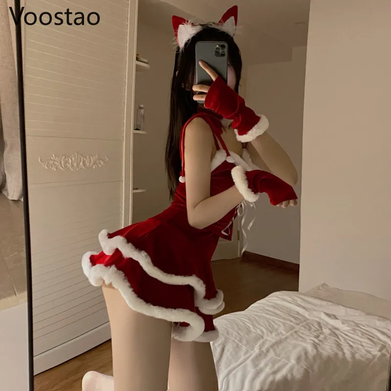 Autumn Winter Vintage Cute Christmas Red Party Mini Dress Cosplay Bunny Plush Vestidos Home Wear Women Sexy Kawaii New Year Set