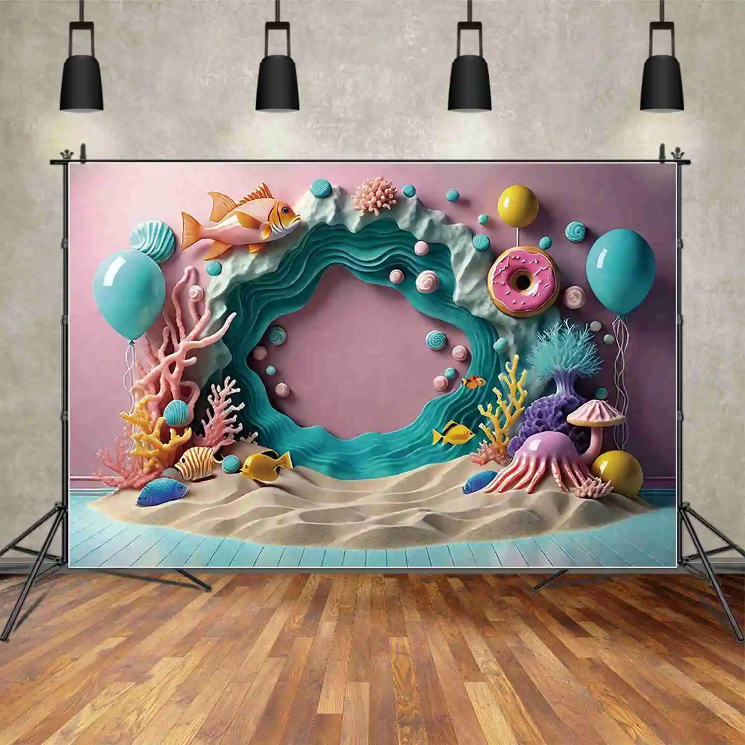 

MOON.QG Doughnut Beach One Birthday Background Girls Undersea Candy Summer Backdrop Customized Party Decoration Photozone Props