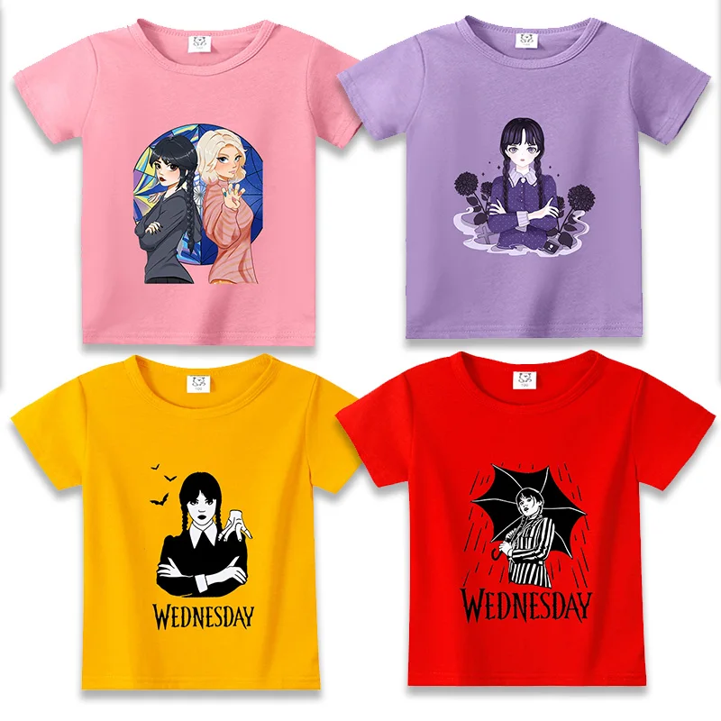 

Футболка для девочек серии «Среда», детская одежда с американской драмой Аддамс, летняя одежда с короткими рукавами, топ, трендовый подарок на день рождения