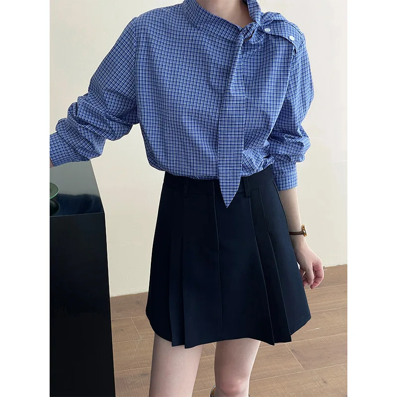 

Blue Plaid Lace-up Long-sleeved Shirt Women's 2026 New Spring and Summer Loose Top
