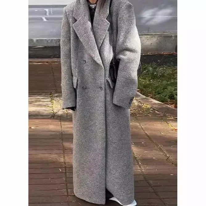 2024 New Idle Style Loose-Fit Warm Grey Overcoat Long Woolen Jacket With Button V-Neck Cross-Border European And American Design