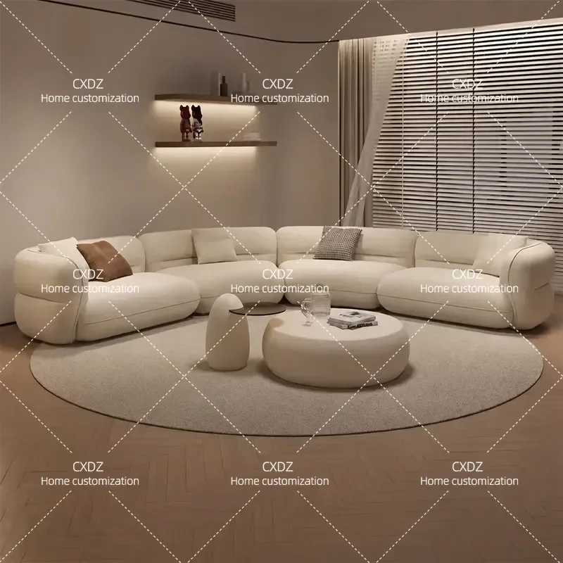 Cream Style Curved Sofa Luxury Lamb Wool Fabric High End Living Room Furniture Set Unique Shaped Couch Modern Home Decor