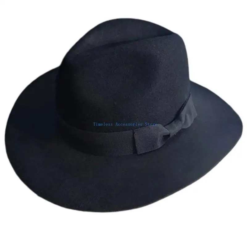 

97QE Homburg Top Hat with Braided Ribbon Victorian Age Wool Wide Brimmed Top Hat Classical Wool Hat for Boy Men Adults