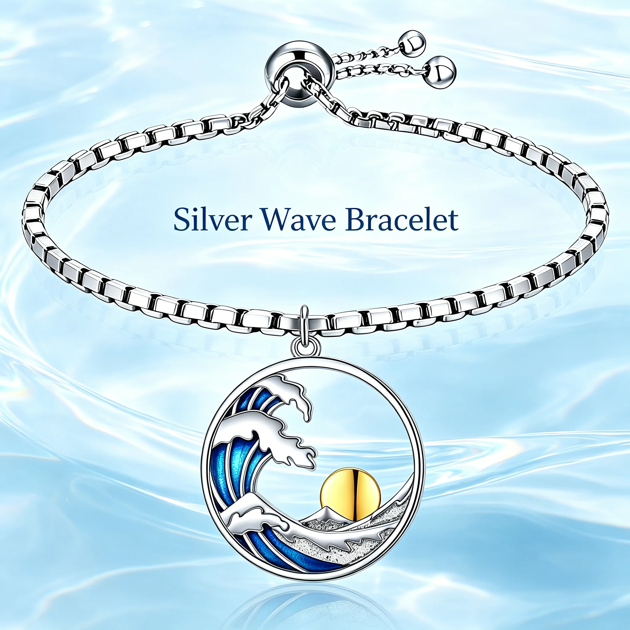 Two-Tone Silvery & Golden Zinc Alloy Kanagawa Wave Adjustable Bracelet Blue Enamel Sunrise Nature Jewelry Gift