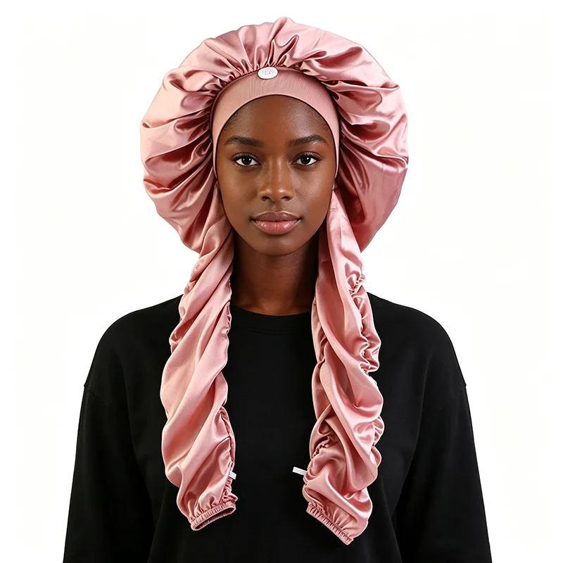 New Women's Bonnet Satin Sleeping Cap Long Tail Braid Hair Night Sleep Cap Head Cover Bonnets Shower Cap For Sauna Bathing