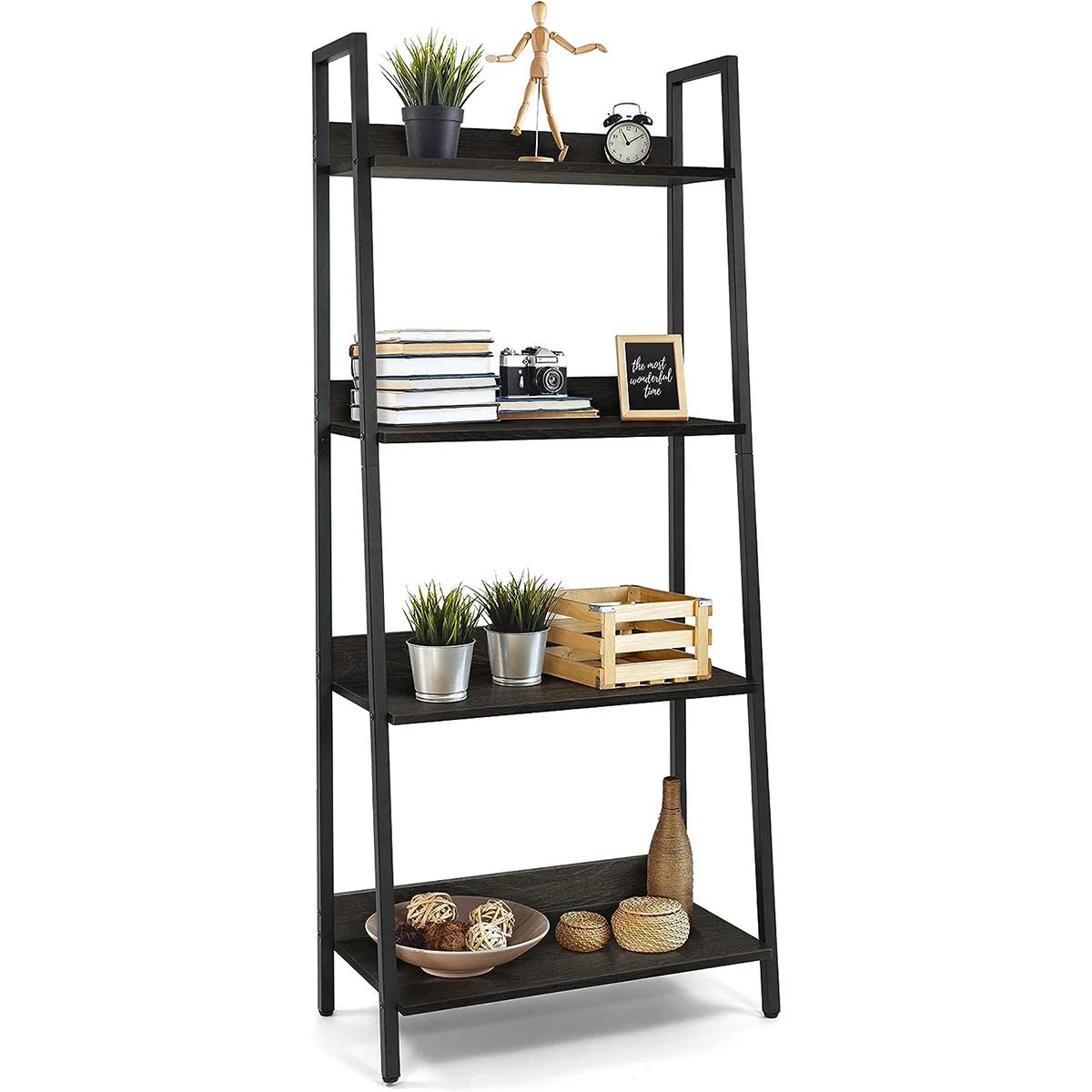 

Standing Bookshelf Open Cabinets Shelf Corner Ladder Bookcase Bamboo Wooden Book Display Rack
