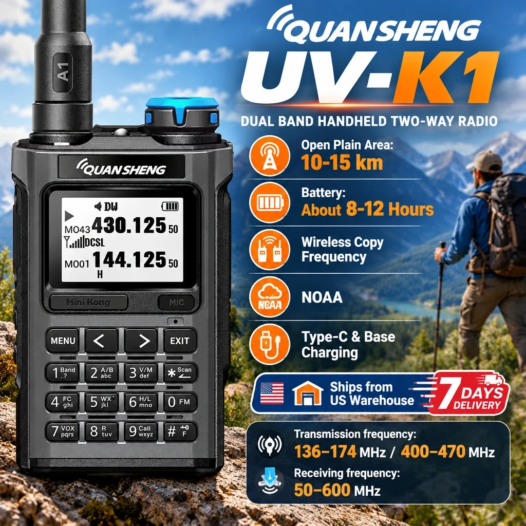 Us Ship Quansheng UV-K1 5W Walkie Talkie VHF UHF Two Way Radio NOAA Weather AM FM Aviation Receive 200 Channels 2500mAh Battery