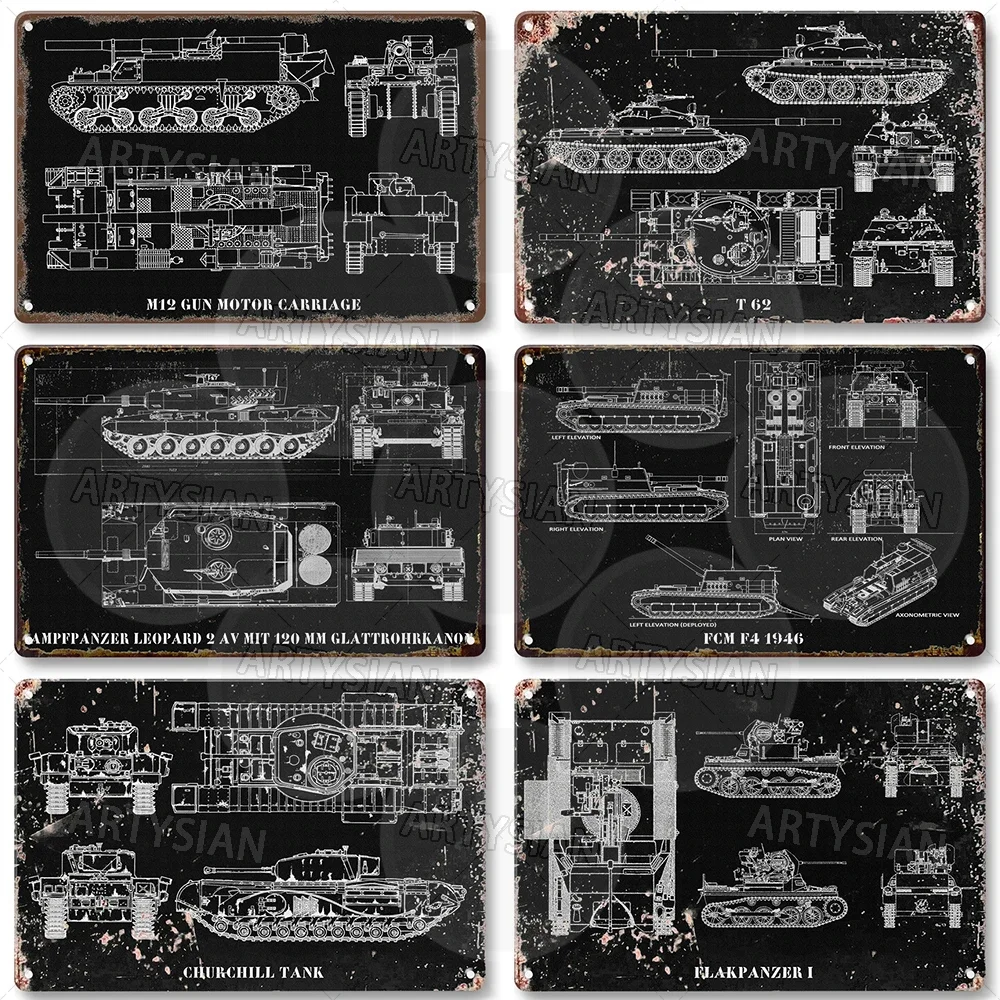 Tank Technical drawing Metal Sign Military Patent Plaque Churchill Flakpanzer Borgward Kampfpanzer ISU-122 Marder Carro Armato