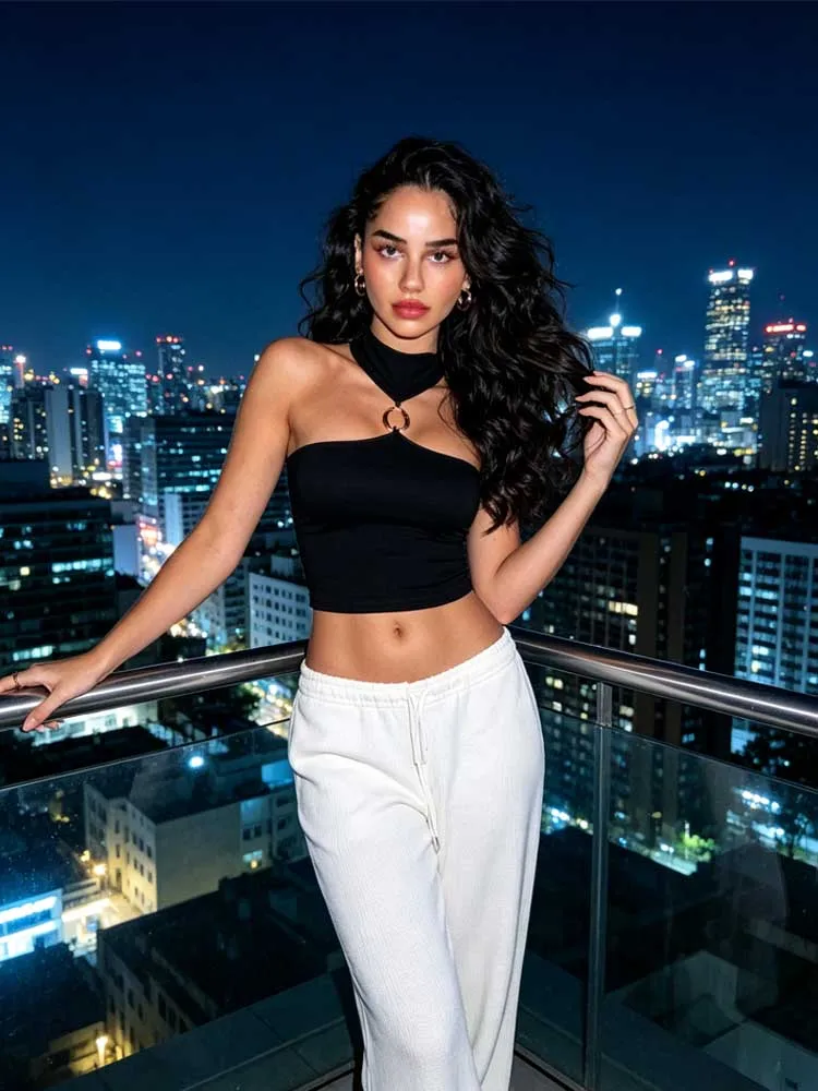 Metal ring hanging neck vest, women's high neck, hollowed out I-shaped sleeveless slim fit short style, spicy girl inner top