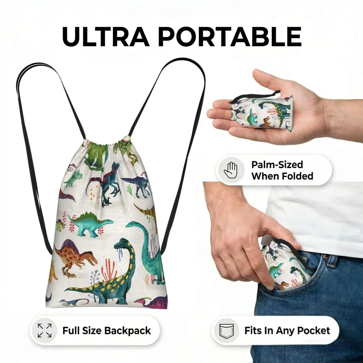Bright Dinosaurs Drawstring Backpack Sports Gym Bag Lightweight Foldable Storage Drawstring Bag for Men Women