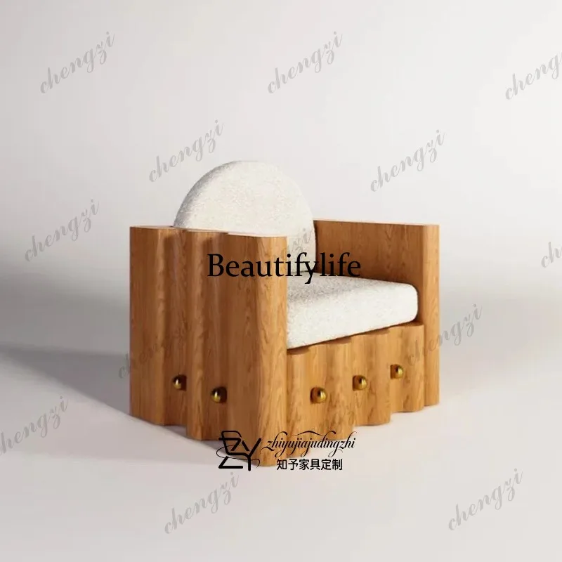 Medieval solid wood single sofa chair fabric seat cushion living room furniture hotel clubhouse reception leisure chair