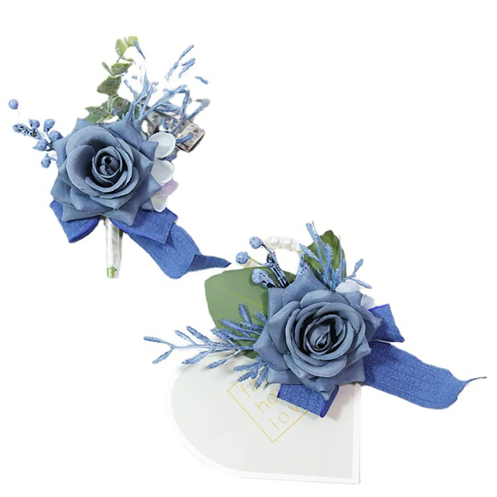 Azul escuro Handmade Boutonnieres para Casamento, Flores Artificiais, Pulseira Corsage, damas de honra, Noivo Pins