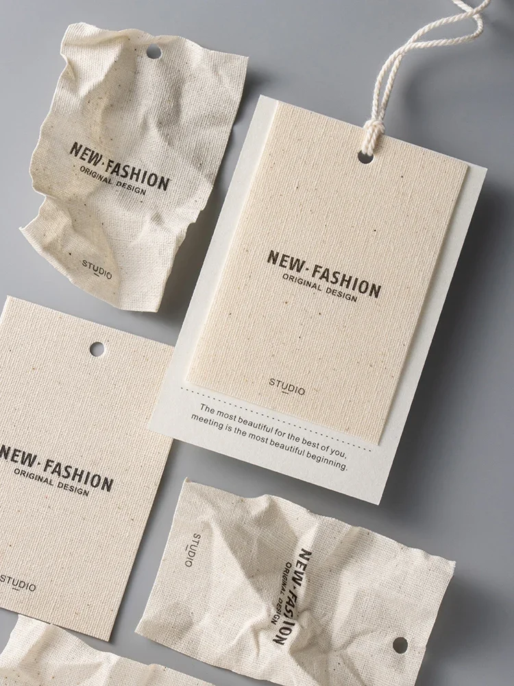 ヴィンテージコットンリネン製ハンギングタグ、カスタム衣料品ラベル、価格・サイズタグ、衣料品商標ブランド、ハンギングカードデザイン、カスタマイズ可能