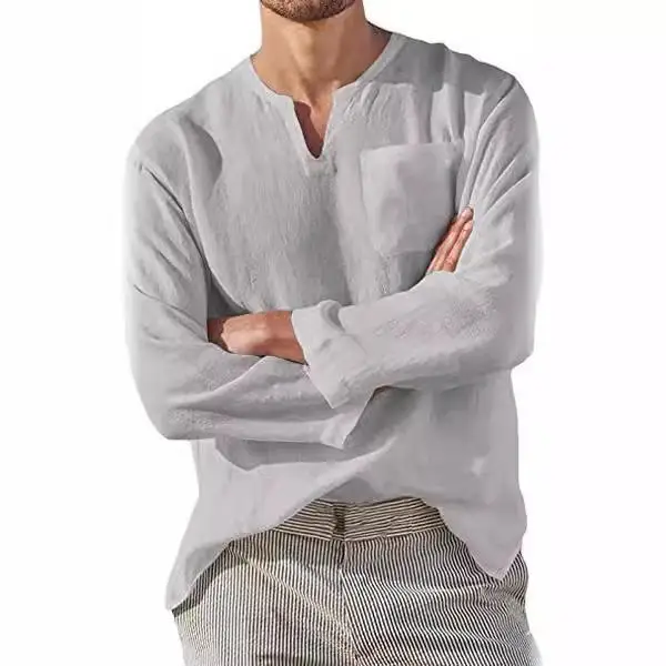 Men's Long Sleeve Beach Linen Shirt Swedish Collar Casual Style Pocket Detail Iron-Free Treatment Resistant to Deformation