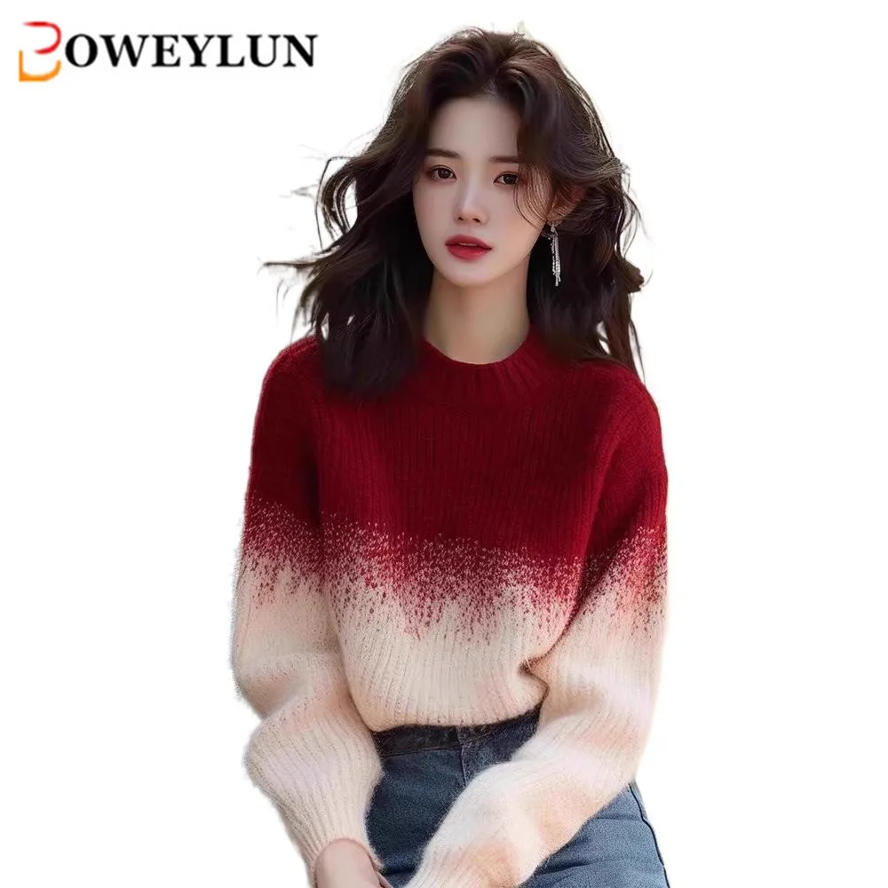 BOWEYLUN Ankora красный абрикосовый градиентный свитер с круглым вырезом женский зимний повседневный вязаный свитер пуловер топ женский