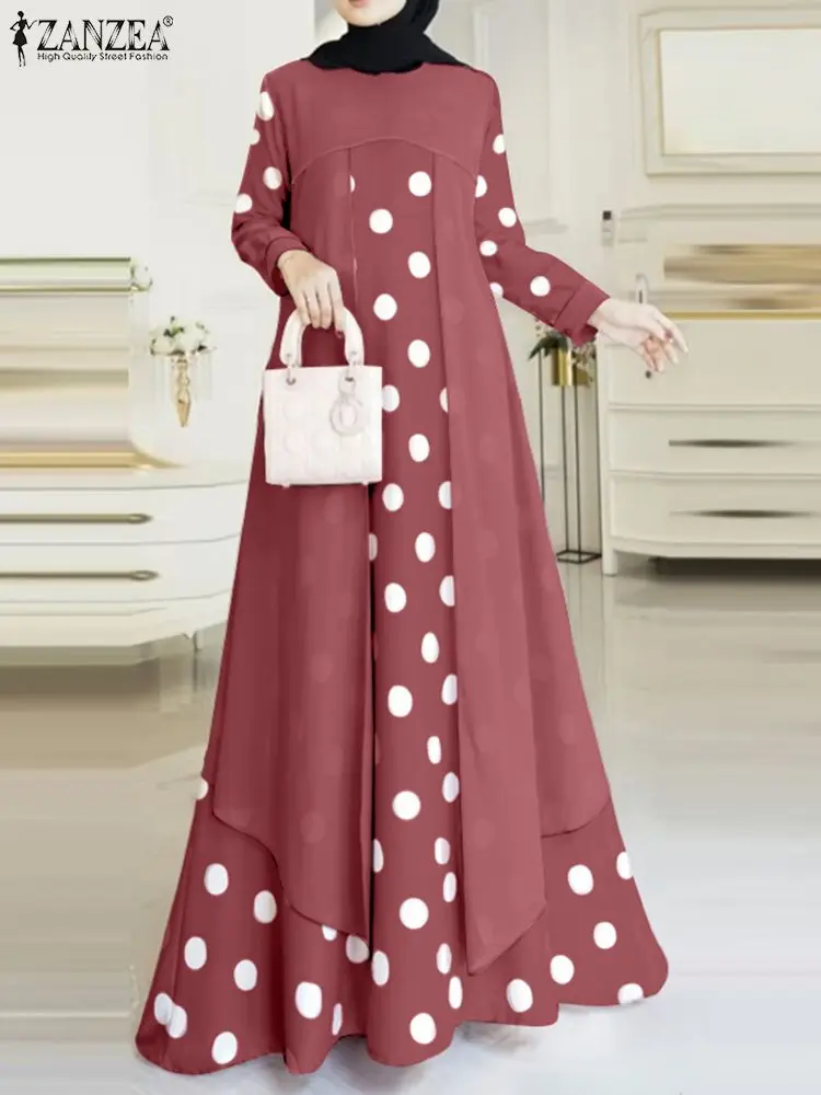 Elegant O-Neck Long Sleeve Muslim Sundress ZANZEA Women Polka Dots Printed Dress Casual Loose Robe Femme Turkey Abaya Vestidos