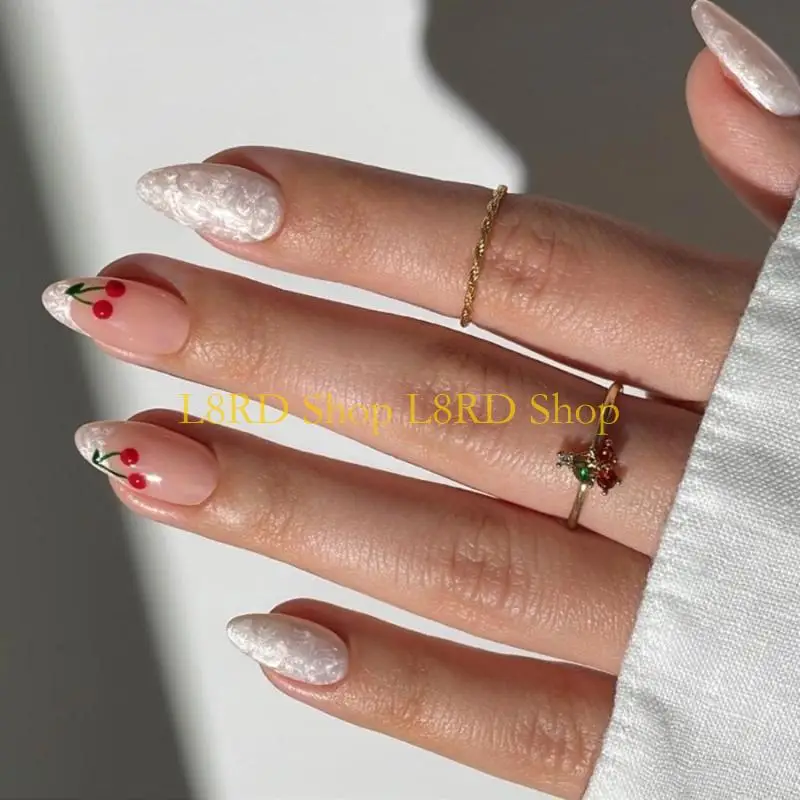 L8RD 24Pcs Almond Fake Press On Artificial False Glues On Cherries Designs French Tips Gifts