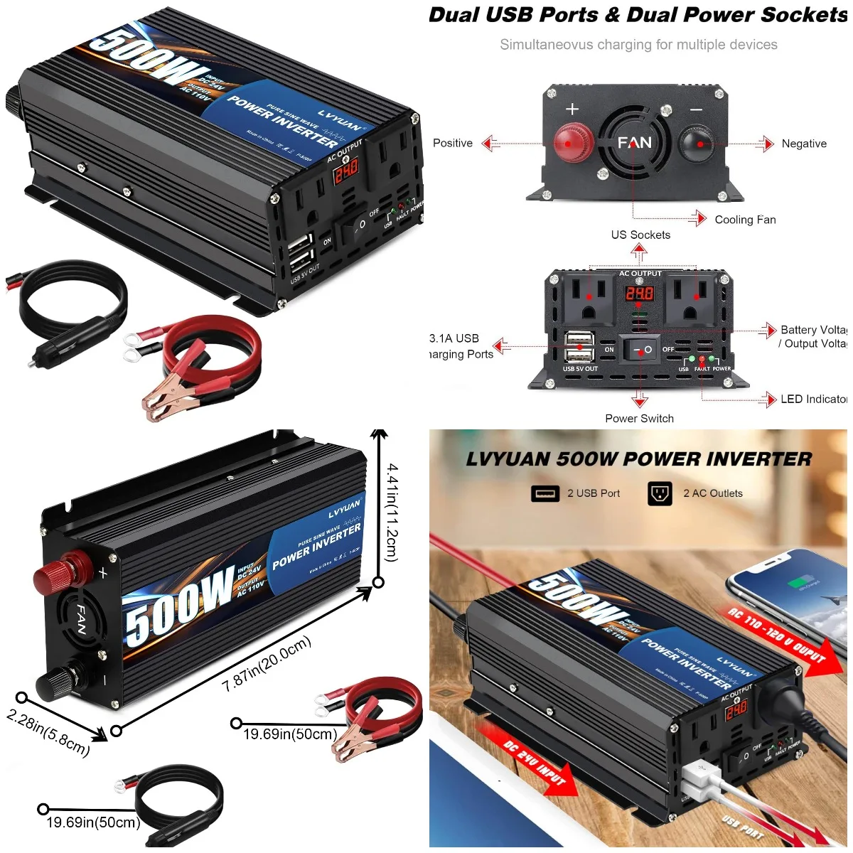 

500W Pure Sine Wave Inverter 24V to 110V/120V DC-AC Converter with Dual Sockets, USB, LED Display