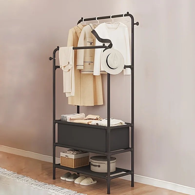 1pc Multi-functional Metal Garment Rack With Wheels Single/Double Rod Bedroom Clothes And Hat Stand Iron Shoes Storage Shelf