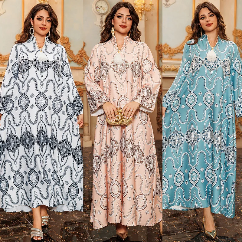 AB412 New Women's Robe Dress with Muslim Printed Fashion