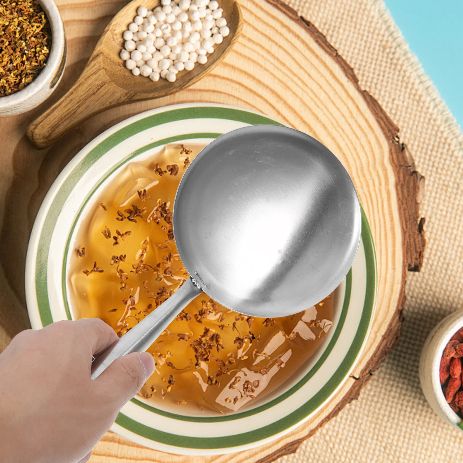Cuchara para el cerebro de Tofu de acero inoxidable, cucharón ergonómico para espumadera de arroz para servicio de cocina, utensilios de cocina asiáticos, cucharón para sopa