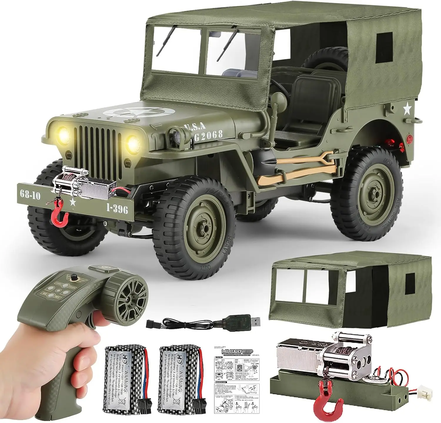 1/10 Scale Remote Control 4WD Off-Road Military SUV, Alloy Frame Chassis RC Truck, Army Vehicle with Winch and Capstan, Opening Hood and Folding Windshield, 2 Batteries Included