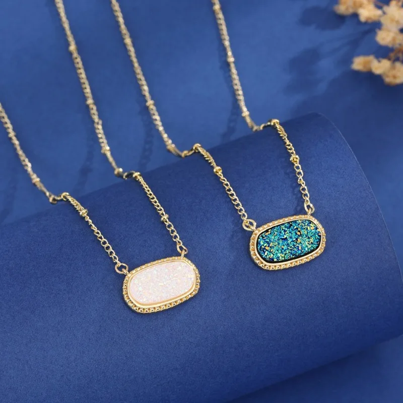 White Green Resin Oval Imitation Crystal Cluster Hexagon Pendant Choker Statement Necklaces for Women Jewelry Gift