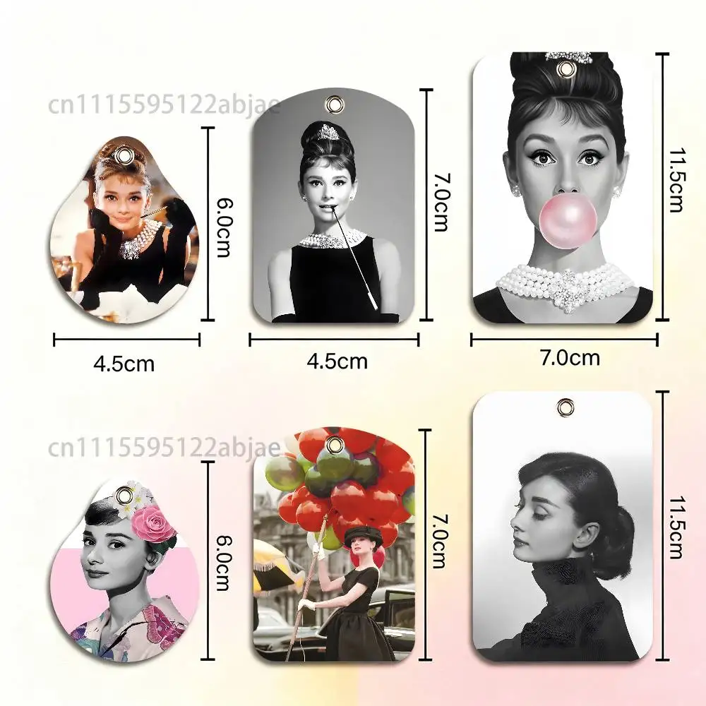 A-Audrey H-Hepburn Rectangle ID Card Case Keychain Access Card Bag Key Tag Ring Leather Card Holder Key Ring