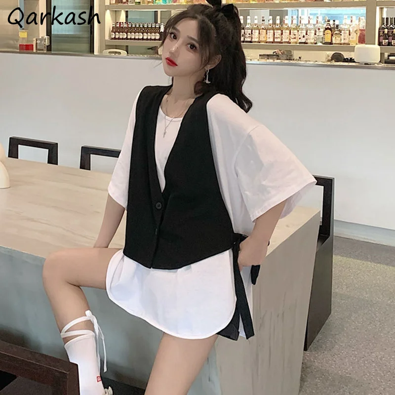 Women Vests V-neck Single Breasted Design Lace-up All-match Harajuku Streetwear Loose Black Waistcoats Ulzzang Students BF Retro