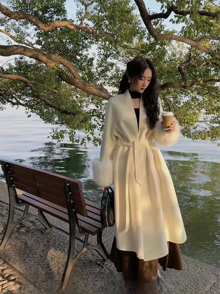 

Длинное двустороннее шерстяное пальто Ele для женщин, черное, с цветочным принтом, в стиле Хепберн, для повседневной носки, корейская версия, прямой крой, зимняя верхняя одежда