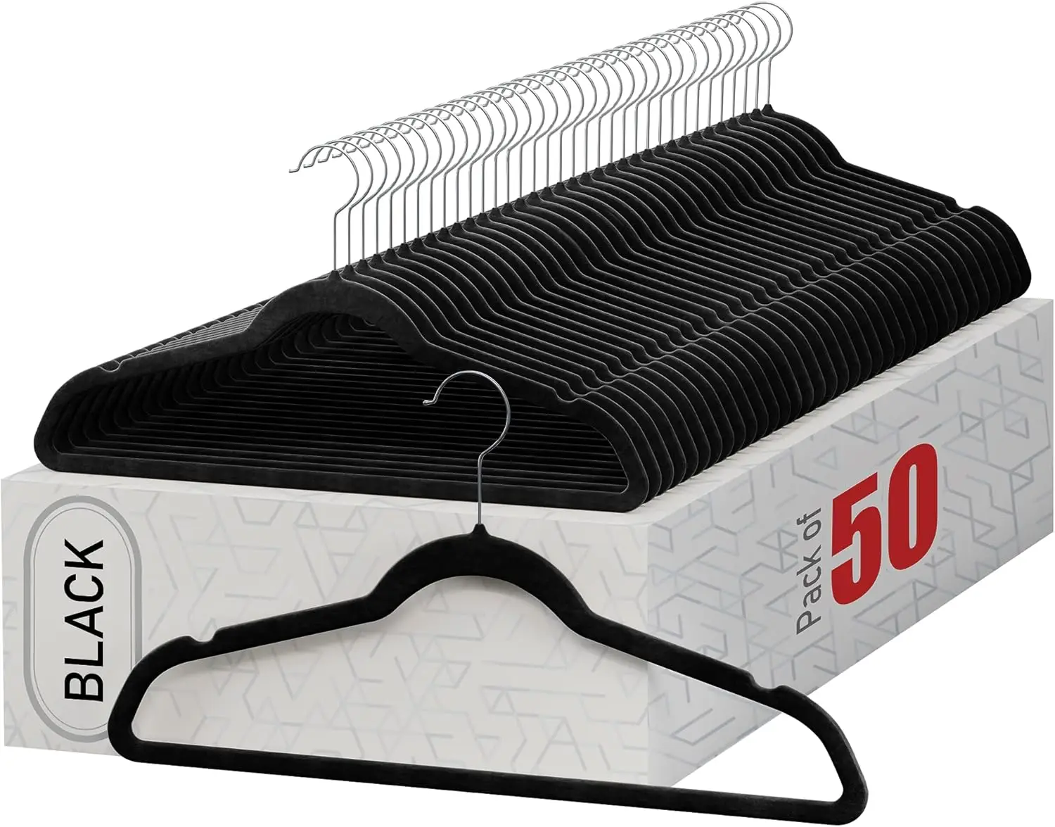 50 شماعة مخملية ممتازة: شديدة التحمل، رفيعة للغاية باللون الأسود. غير قابل للانزلاق، 360 °   خطاف دوار للخزانة والقمصان والسراويل.