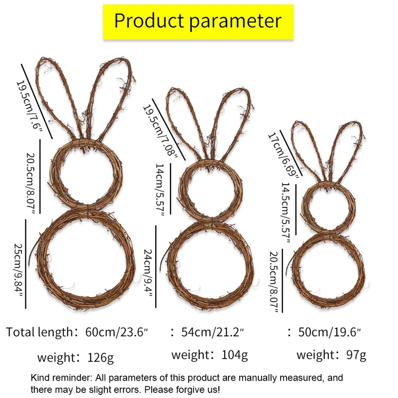 อีสเตอร์หวายวงกลมกระต่ายพวงหรีดกระต่ายรูป Vine สาขา DIY Craft พวงหรีดสําหรับด้านหน้าประตูผนังตกแต่งวันหยุด