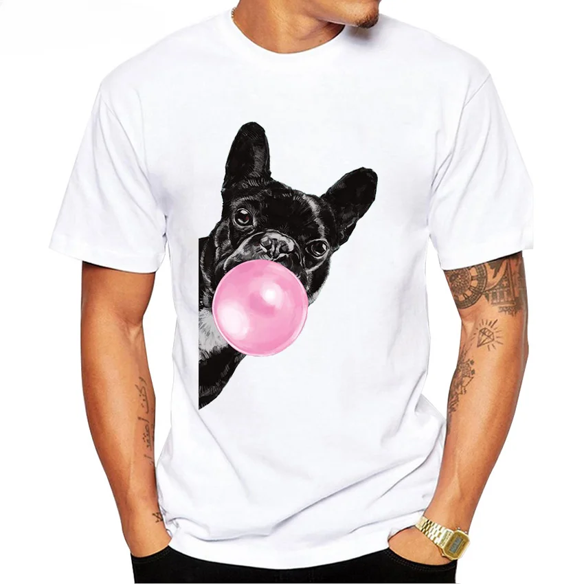 Hip Hop Fashion Men Short Sleeve Funny Sneaky Bulldog Blowing Bubble Gum in Pink Print T-Shirt Boy Casual Tops Man Tee shirts