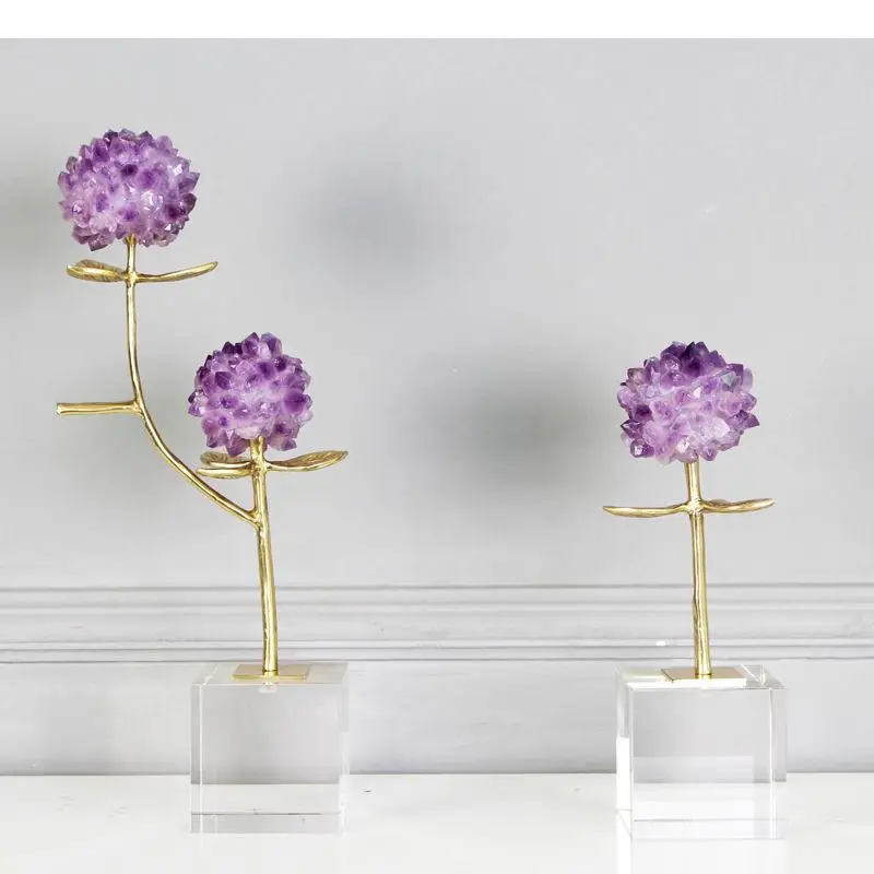 Nordic Brass Natural Purple Crystal Flower Ornament Living Room Decoration Porch Artwork Home New Gift