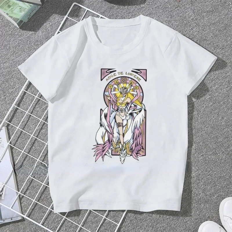 Angewomon Sweet Girls Digimon Adventure Pattern Fun Print T-Shirt Fashion Women Cotton T-shirt Loose Y2K Short Sleeve Top