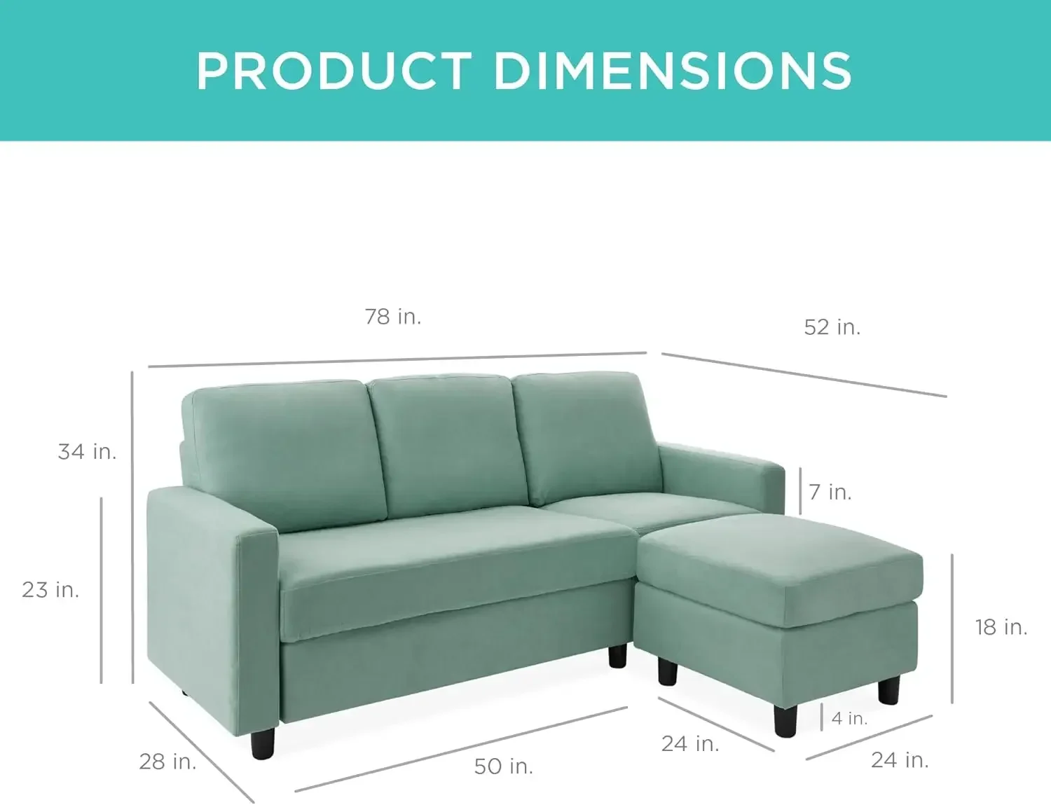 Upholstered Sectional Sofa for Home,w/Chaise Lounge, 3-Seat, L-Shape Design, Reversible Ottoman Bench, 680lb Capacity - Aqua