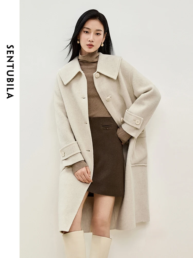 SENTUBILA Hight Quality Woolen Coat Women\'s 2024 Winter Sailor Collar Double Sided Big Pockets Warm Women Coat W44O55973