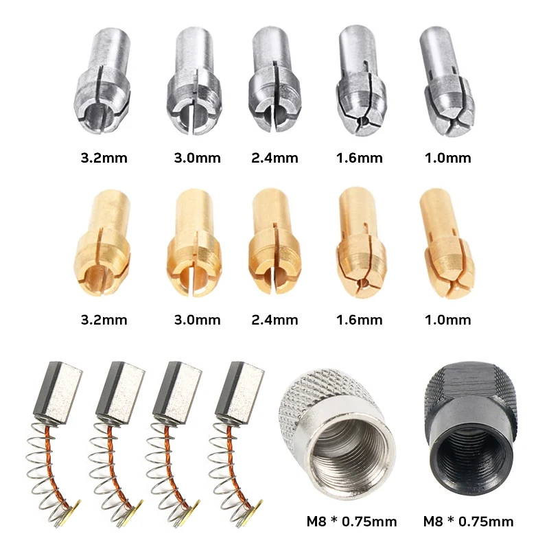 16PCS/Lot Mini Drill Collet Chuck 10PCS 1.0-3.2mm 4.3mm Shank Brass Chucks Adapter With 2PCS M8 Nuts 4PCS Carbon Brush 5*5*8