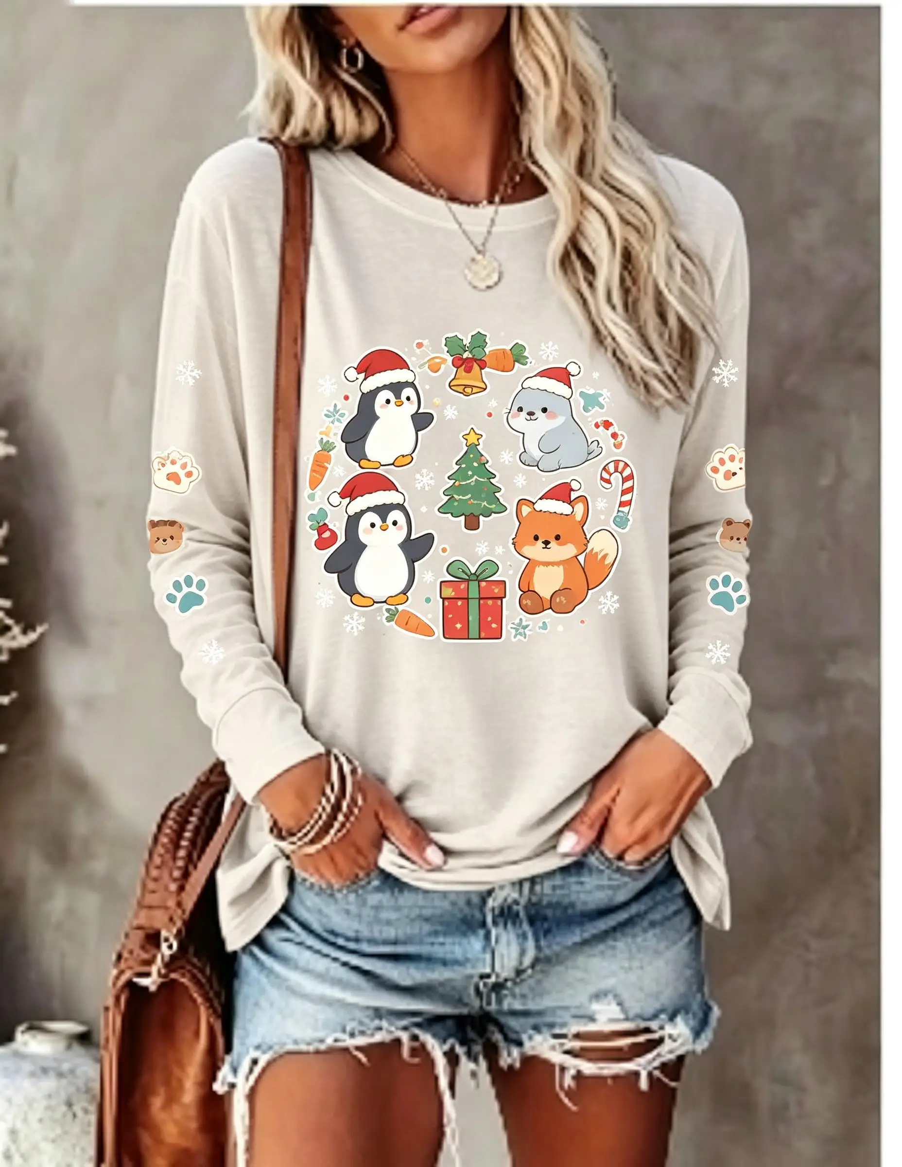 Women Long Sleeve T‑Shirt Christmas Cute Cartoon Animals Penguin Fox Xmas Tree Gift Print Crew Neck Casual Winter Tops