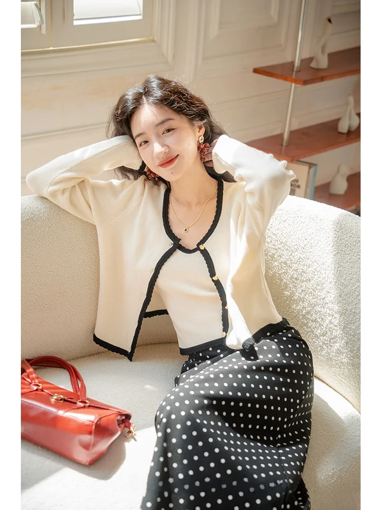 

Белый вязаный открытый кардиган и топ, облегающий женский весенний ансамбль Faion, тонкая модель жилета, комплект верхней одежды из двух предметов